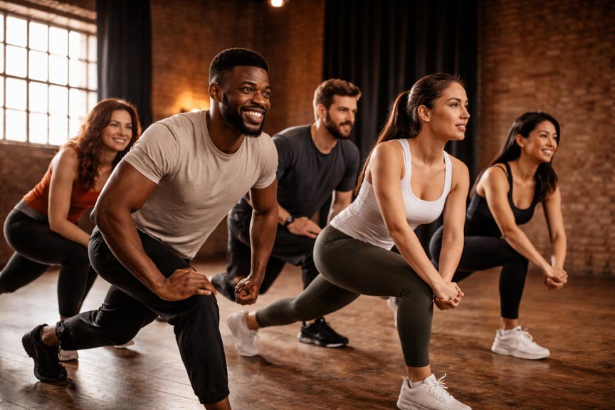 Des acteurs qui pratique l'échauffement en groupe dans une école d'acting à Paris.