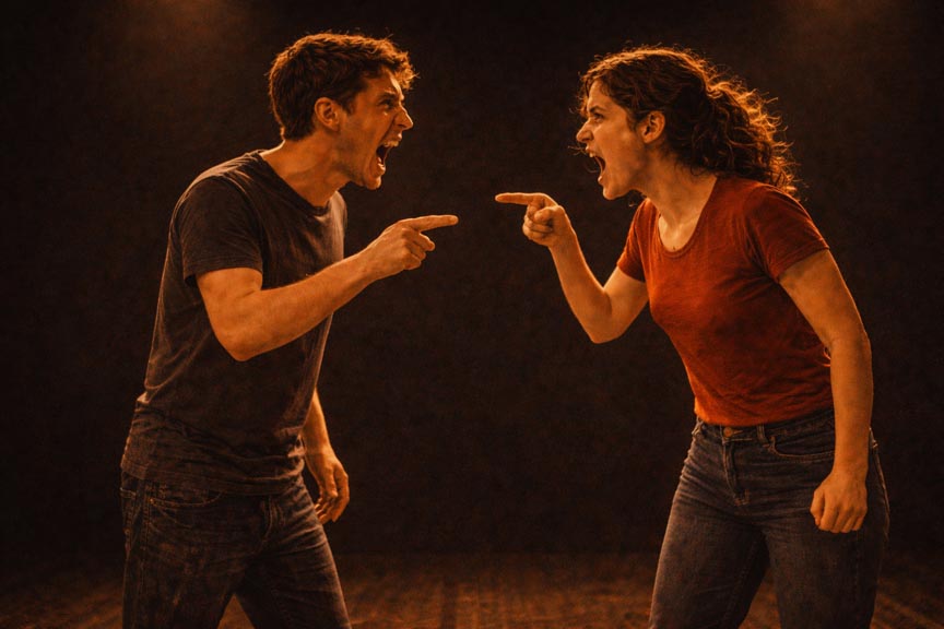 Deux élèves d'une école de théâtre à Paris jouent sur le plateau.