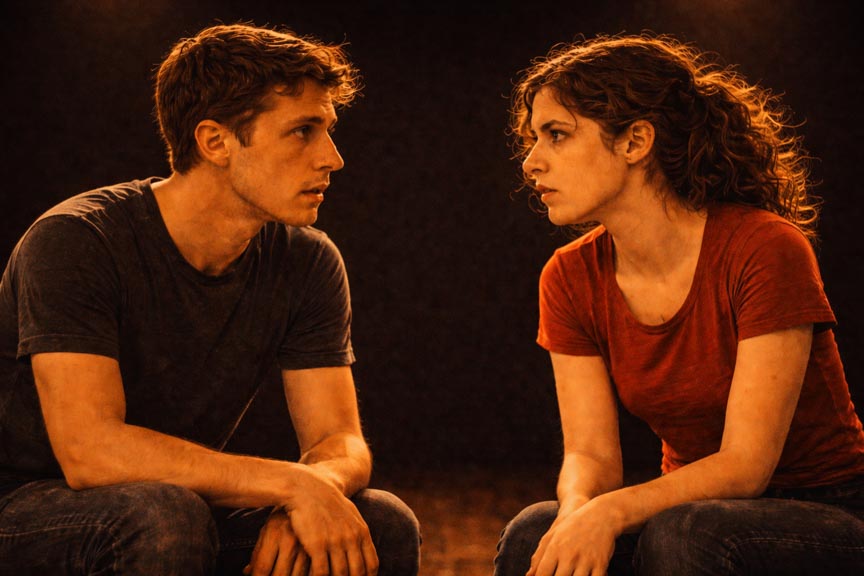 Une scène avec deux élèves dans un cours de théâtre à Paris.