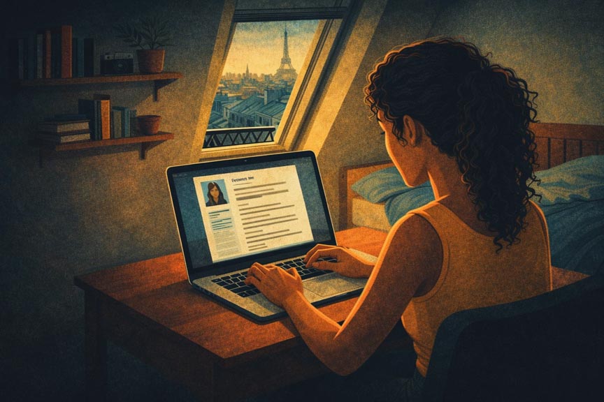 Une jeune comédienne qui fait son CV artistique.