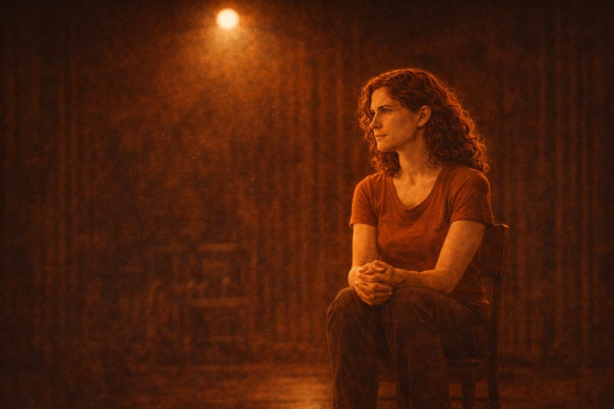 Une comédienne seule en scène au théâtre à Paris dans une école.