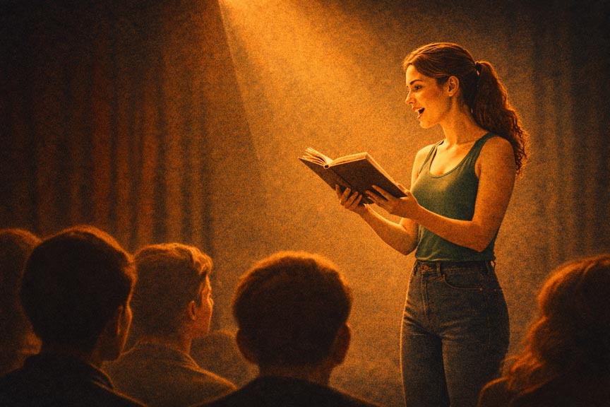 Une comédienne lisant un texte à voix haute en public.