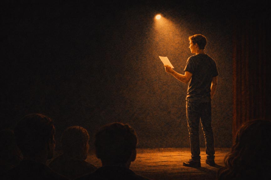 Un comédien sur scène face à la salle disant un texte de théâtre à Paris.