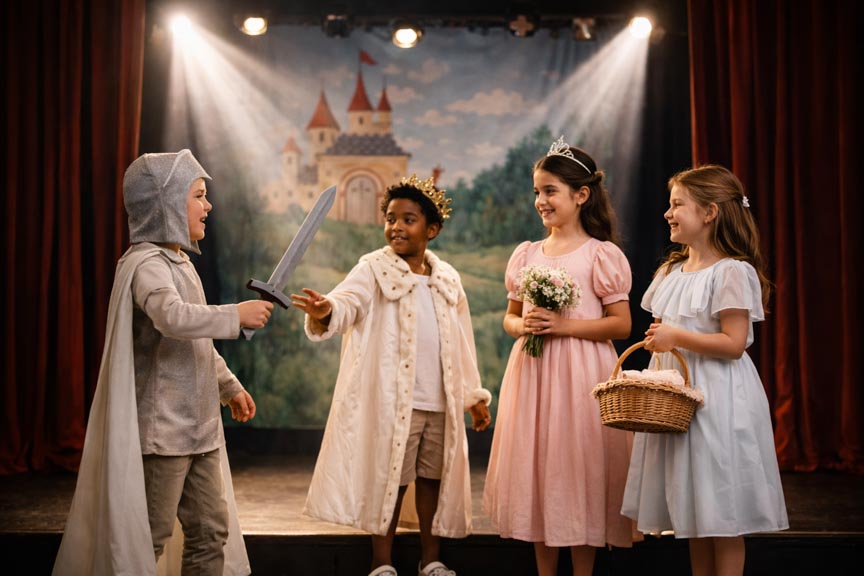 Des enfants sur scène pendant un spectacle de théâtre à Paris.