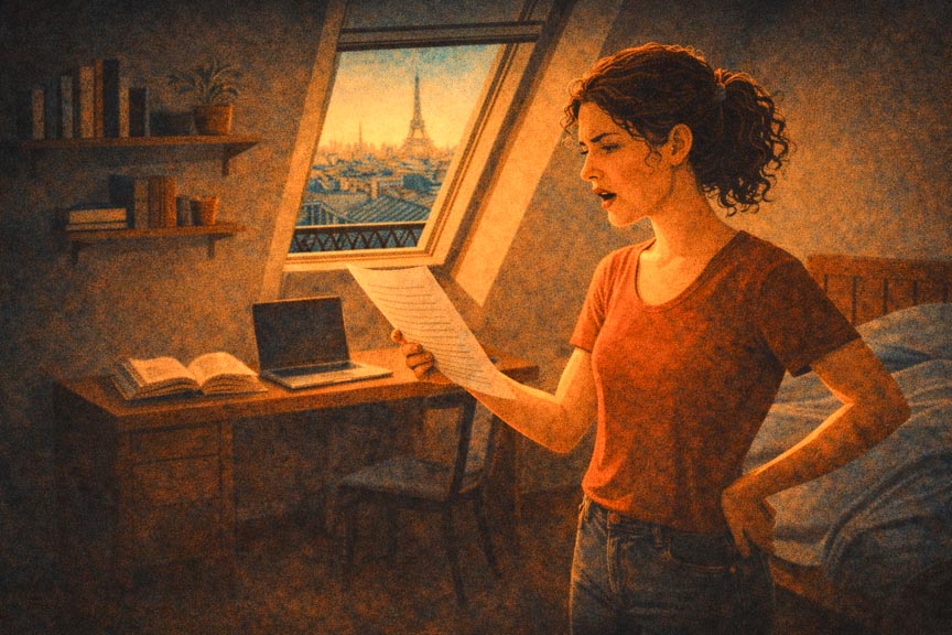 Une élève de théâtre travaillant son texte chez elle.