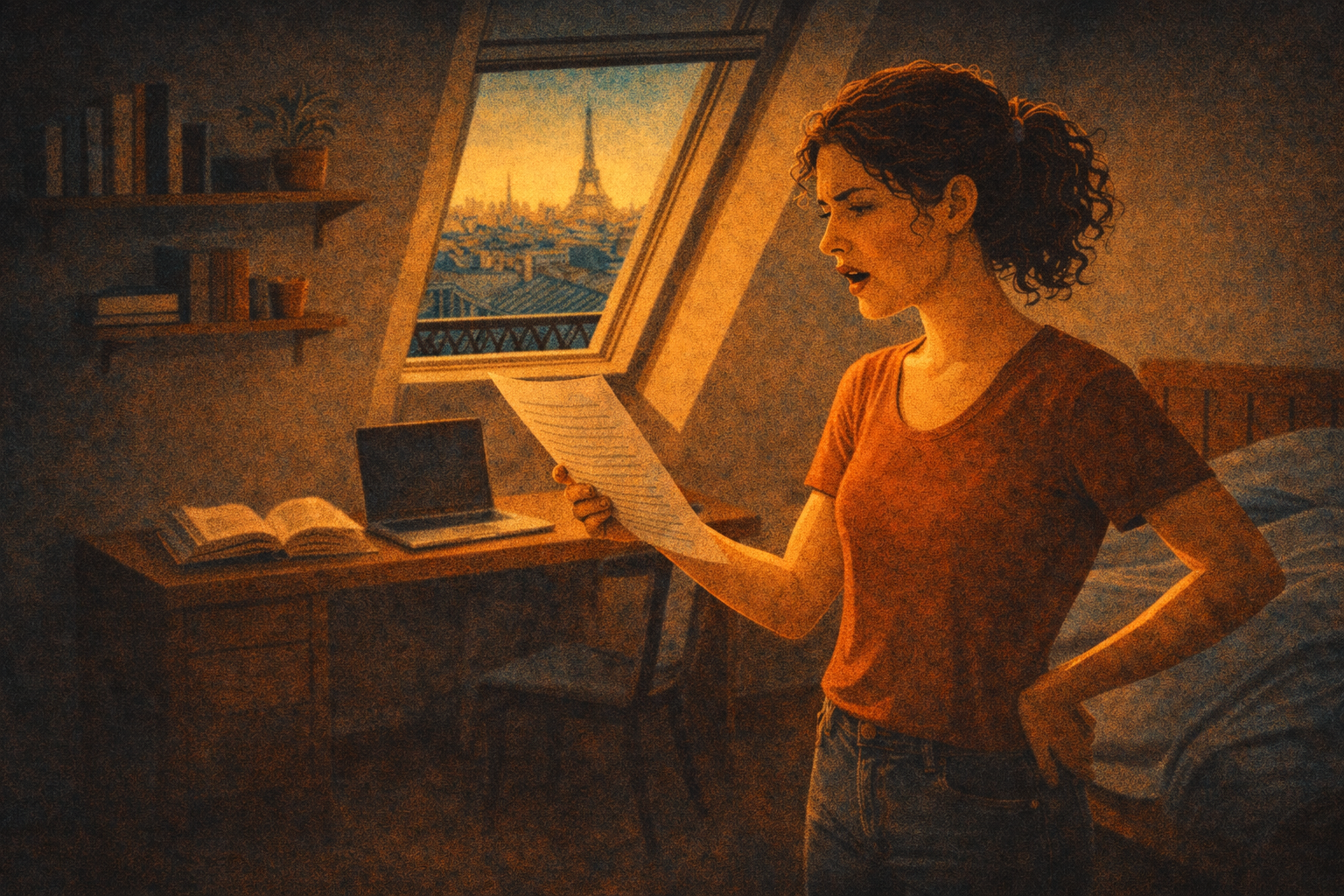 Une élève de théâtre travaillant son texte chez elle