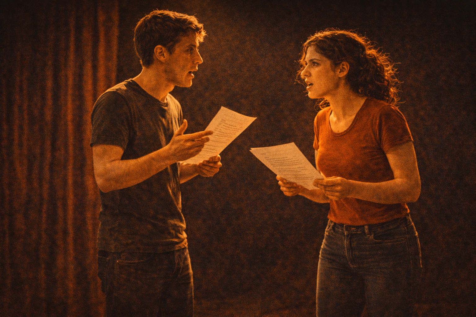 Deux élèves travaillent une scène de théâtre dans une école à Paris.