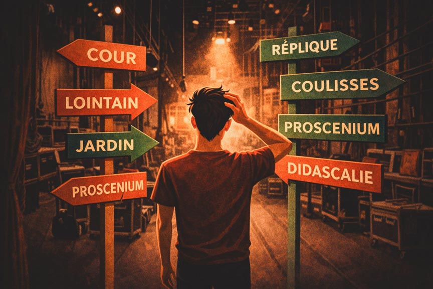 Un acteur en coulisse qui apprend le théâtre dans une école à Paris.